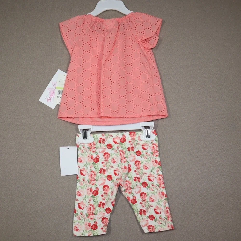 Bonnie Baby Baby Girls Short Sleeve Ruffle Eyelet‎ Top and Floral Capri - Coral